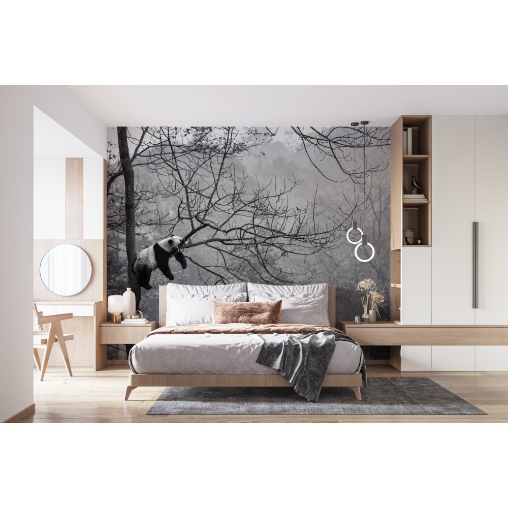 Puslu Orman ve Ağaç Dalları Arasında Panda Desenli Monokrom Duvar Kağıdı