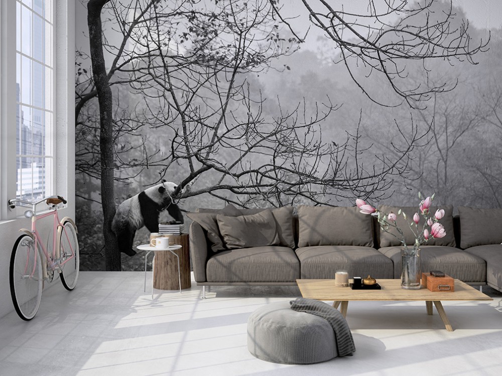 Puslu Orman ve Ağaç Dalları Arasında Panda Desenli Monokrom Duvar Kağıdı