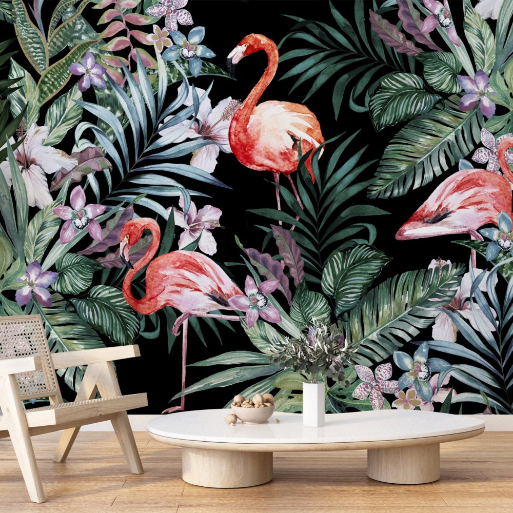 Siyah Zeminli Egzotik Yaprak ve Flamingo Duvar Kağıdı
