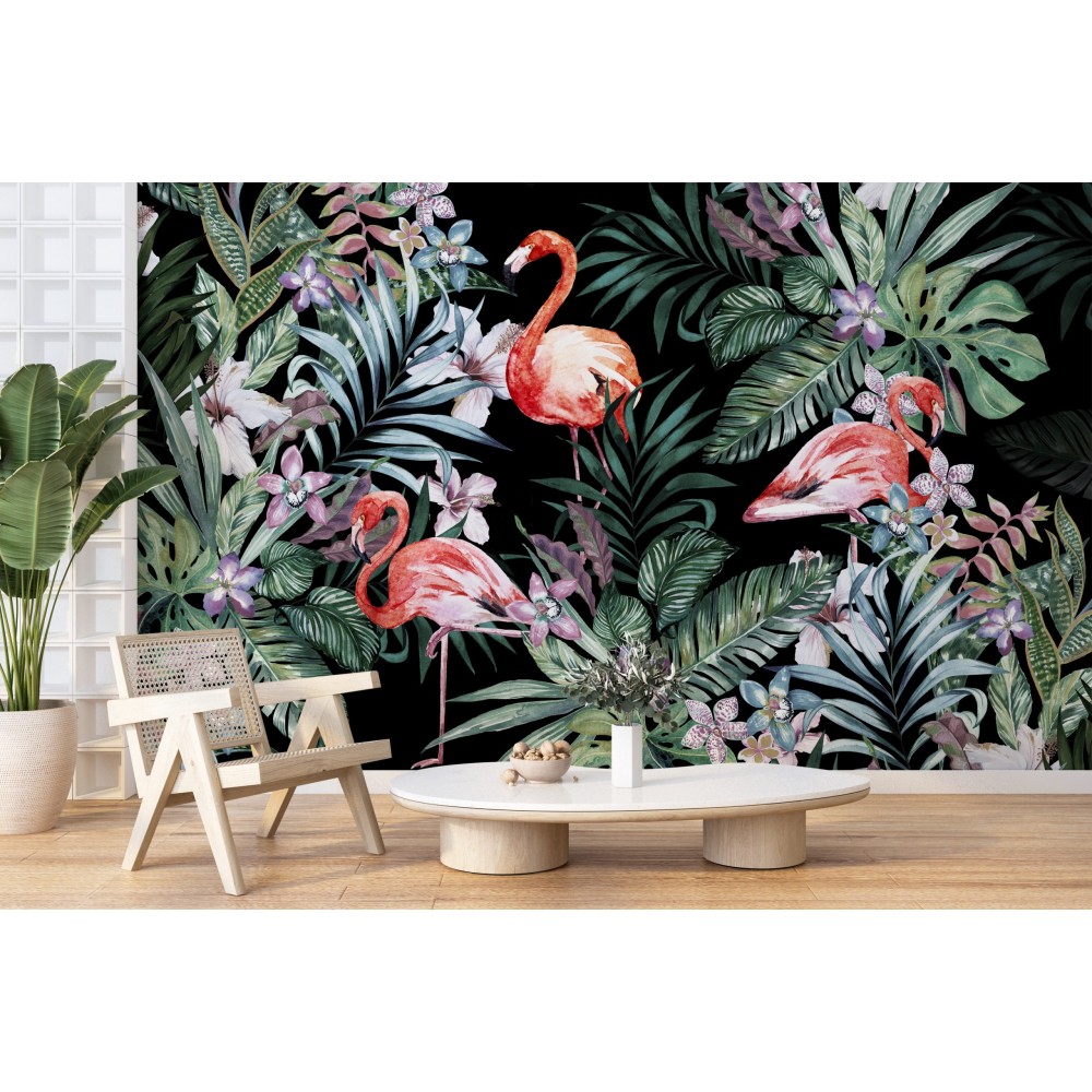 Siyah Zeminli Egzotik Yaprak ve Flamingo Duvar Kağıdı