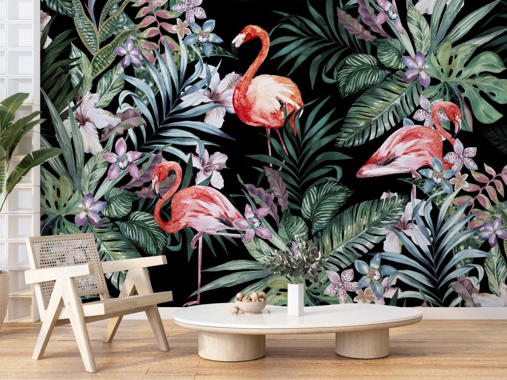 Siyah Zeminli Egzotik Yaprak ve Flamingo Duvar Kağıdı