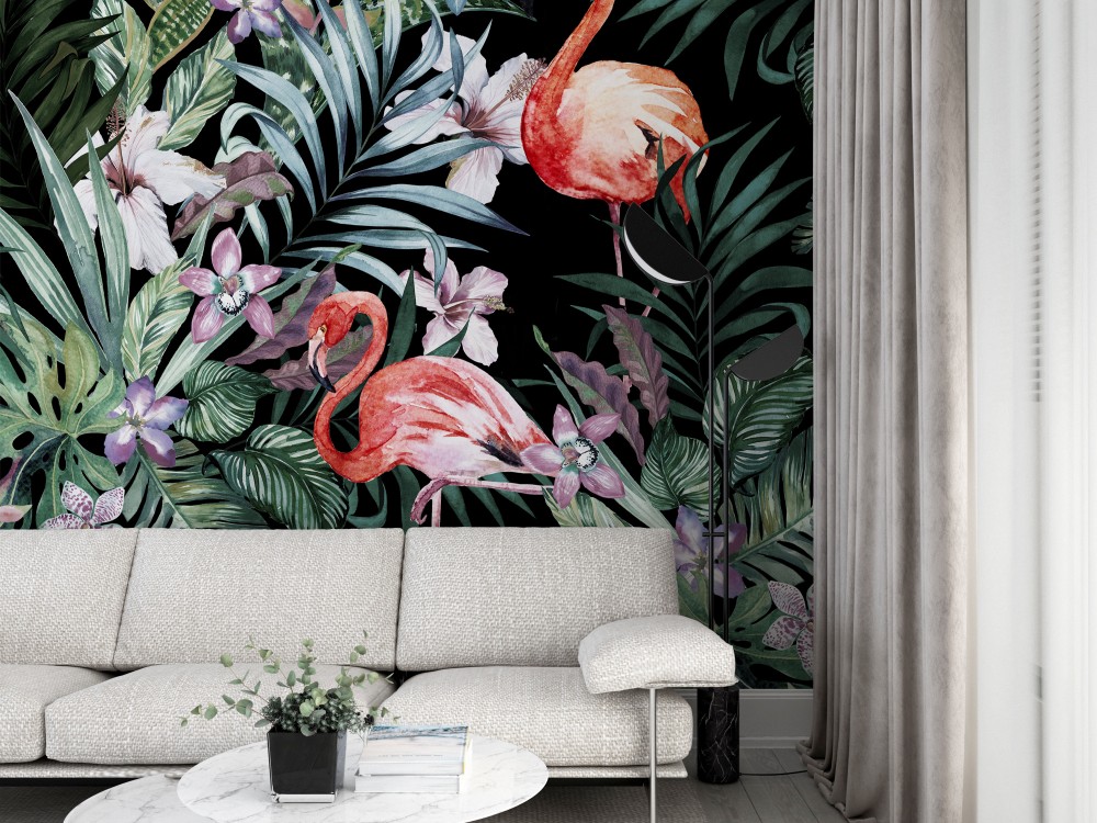 Siyah Zeminli Egzotik Yaprak ve Flamingo Duvar Kağıdı