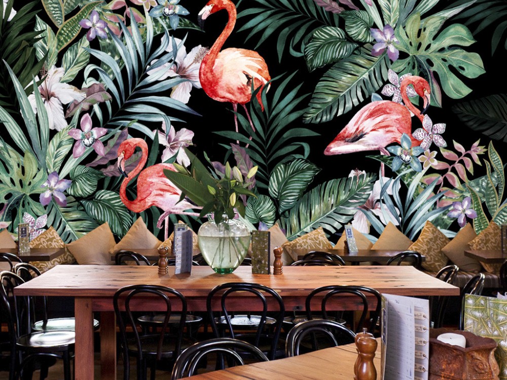 Siyah Zeminli Egzotik Yaprak ve Flamingo Duvar Kağıdı