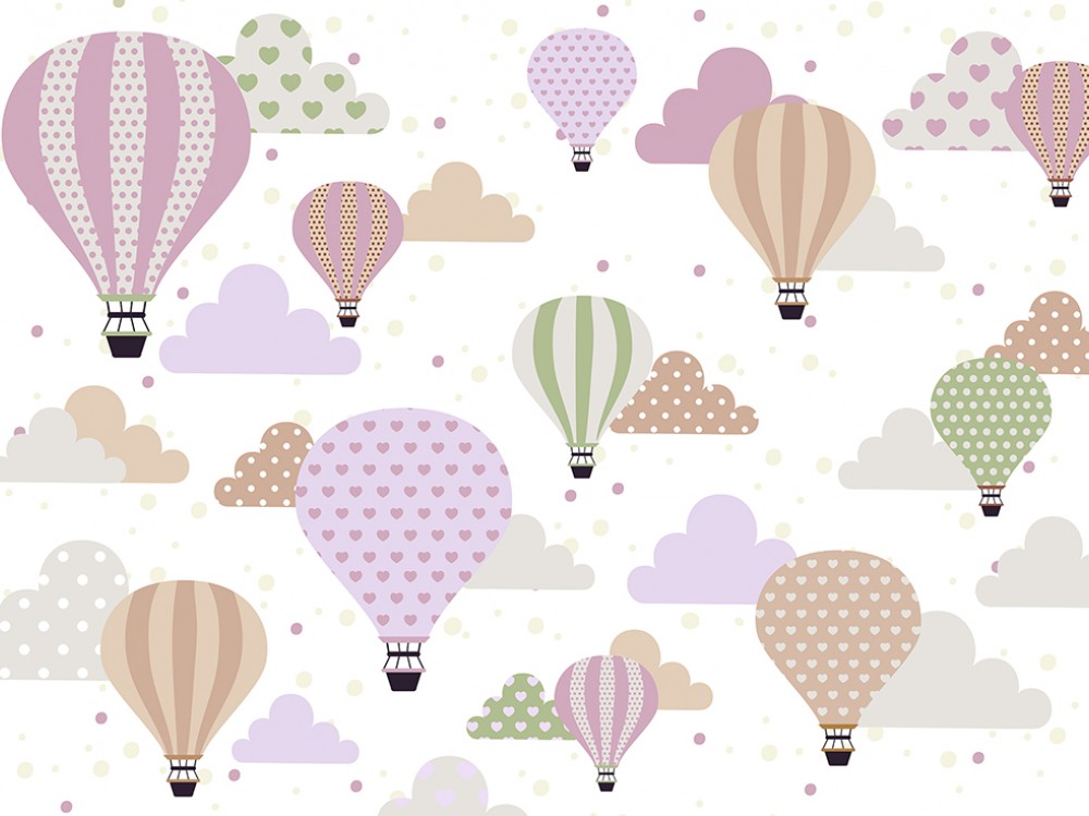 Pastel Tonlarda Bulutlar ve Uçan Balonlar Tasarım Duvar Kağıdı