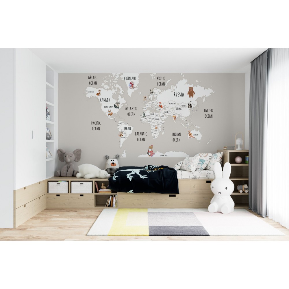 Eğitici Hayvanlar Dünyası Haritası ve Kıtalar Temalı Çocuk Odası Duvar Kağıdı
