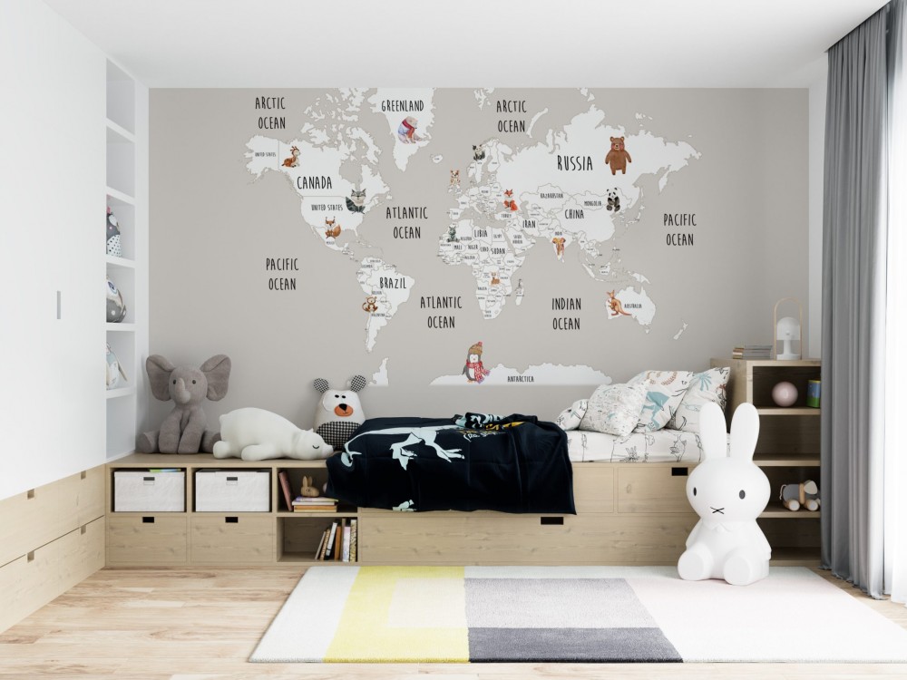Eğitici Hayvanlar Dünyası Haritası ve Kıtalar Temalı Çocuk Odası Duvar Kağıdı