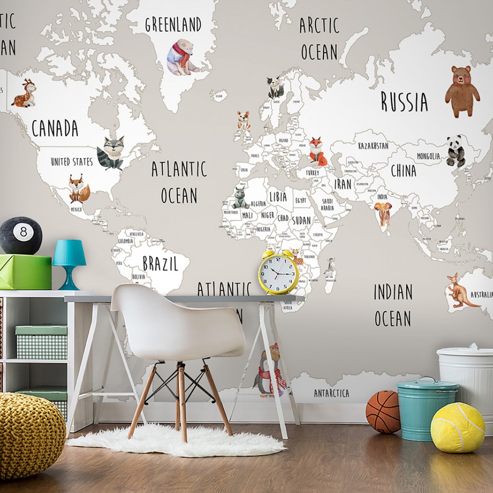 Eğitici Hayvanlar Dünyası Haritası ve Kıtalar Temalı Çocuk Odası Duvar Kağıdı