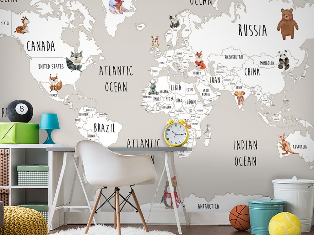 Eğitici Hayvanlar Dünyası Haritası ve Kıtalar Temalı Çocuk Odası Duvar Kağıdı