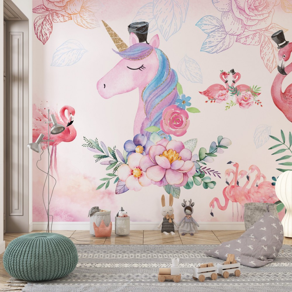 Sihirli Dünya Serisi: Unicorn, Flamingo ve Çiçek Desenli Bebek Odası Duvar Kağıdı