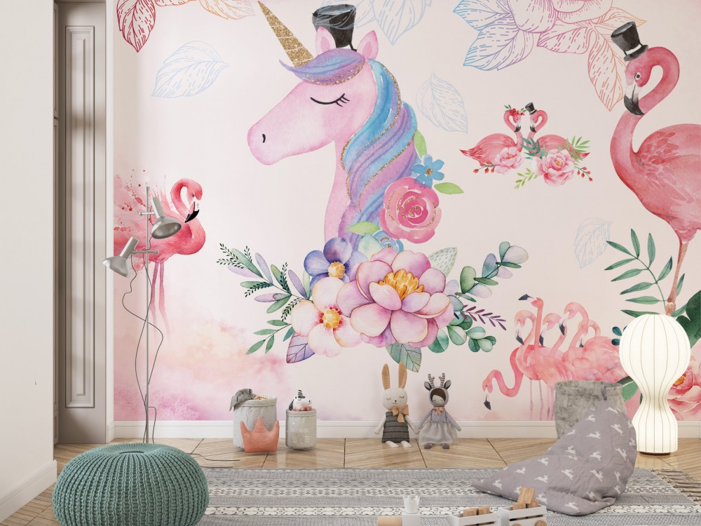 Sihirli Dünya Serisi: Unicorn, Flamingo ve Çiçek Desenli Bebek Odası Duvar Kağıdı