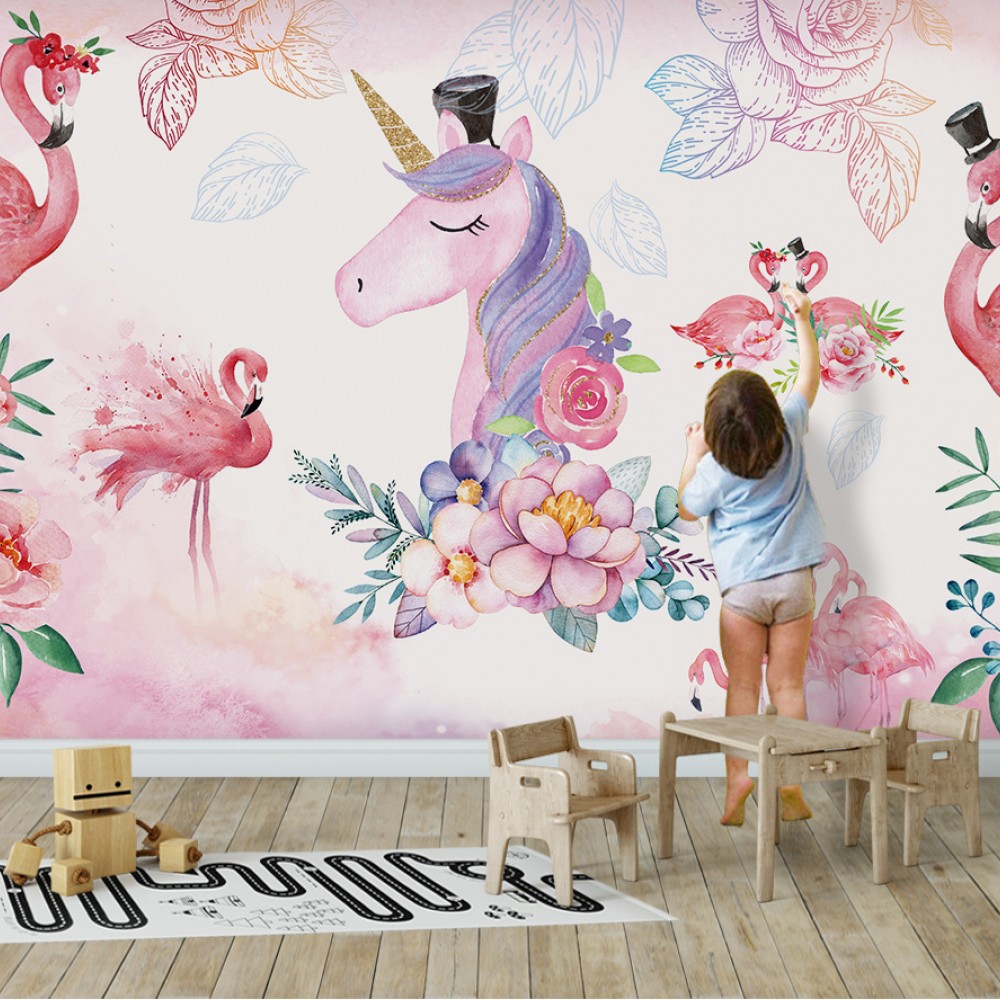 Sihirli Dünya Serisi: Unicorn, Flamingo ve Çiçek Desenli Bebek Odası Duvar Kağıdı