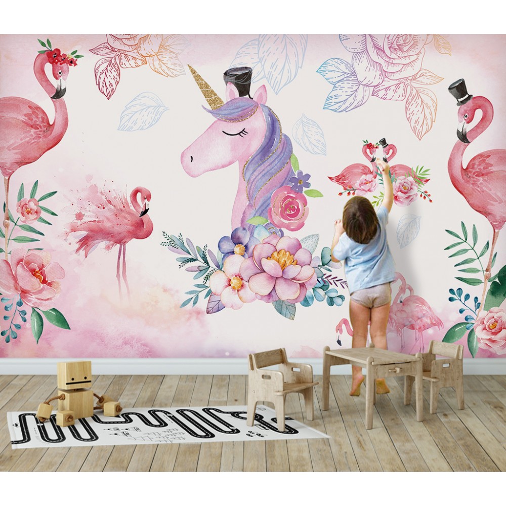 Sihirli Dünya Serisi: Unicorn, Flamingo ve Çiçek Desenli Bebek Odası Duvar Kağıdı
