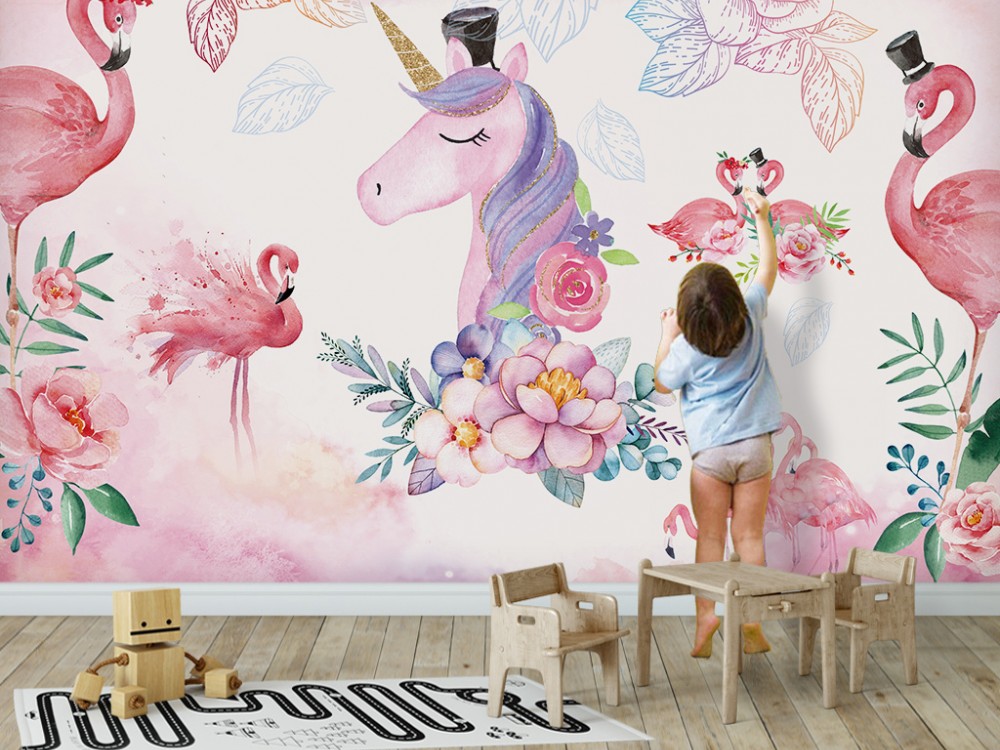 Sihirli Dünya Serisi: Unicorn, Flamingo ve Çiçek Desenli Bebek Odası Duvar Kağıdı
