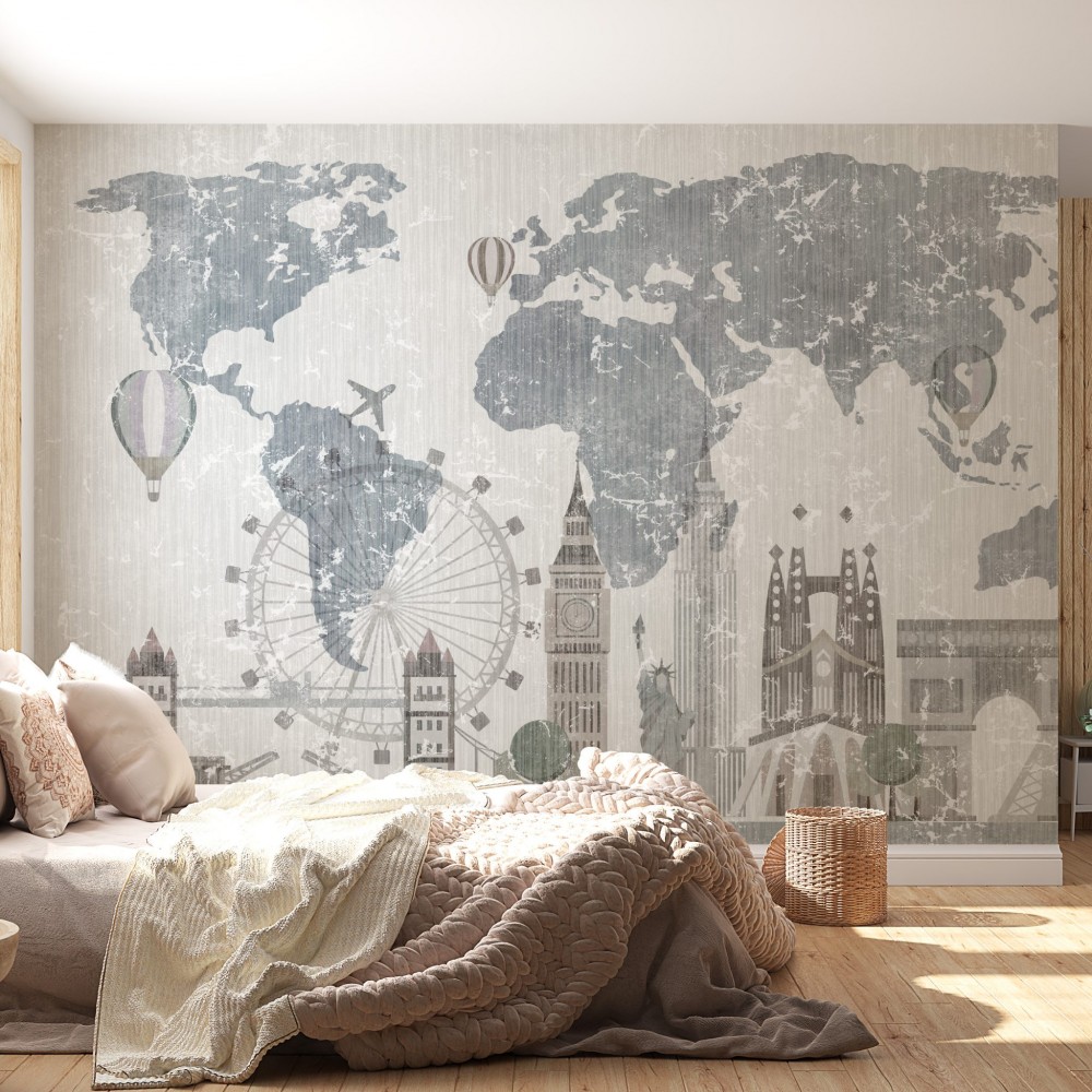 Vintage Stil Eskitme Dünya Haritası ve İkonik Şehir Silüetleri Temalı Duvar Kağıdı