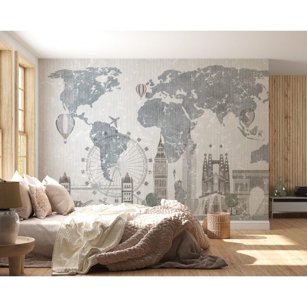 Vintage Stil Eskitme Dünya Haritası ve İkonik Şehir Silüetleri Temalı Duvar Kağıdı