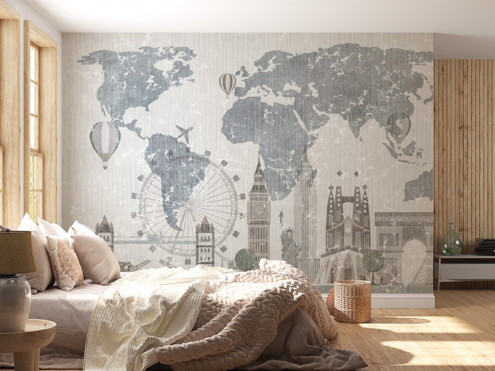 Vintage Stil Eskitme Dünya Haritası ve İkonik Şehir Silüetleri Temalı Duvar Kağıdı