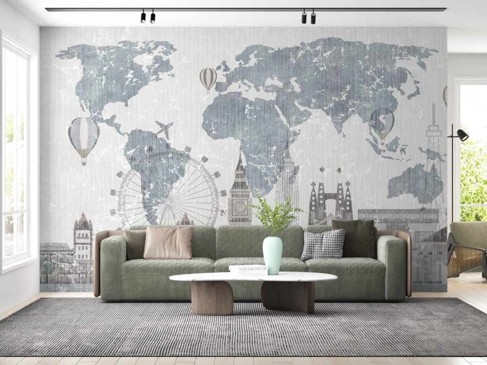 Vintage Stil Eskitme Dünya Haritası ve İkonik Şehir Silüetleri Temalı Duvar Kağıdı