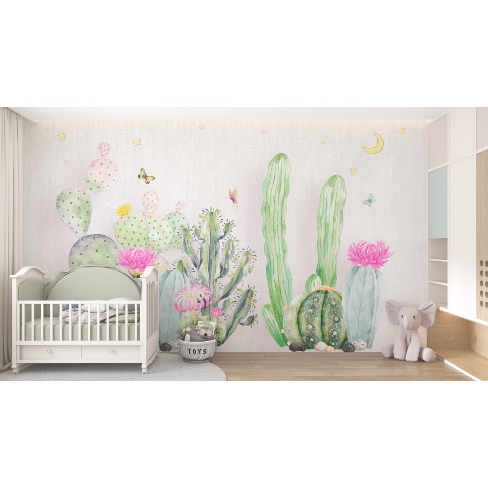 Suluboya Kaktüs Bahçesi ve Pembe Çiçekli Çocuk Odası Duvar Kağıdı