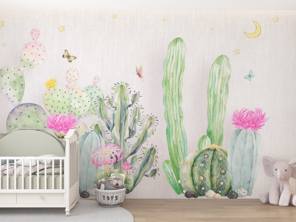 Suluboya Kaktüs Bahçesi ve Pembe Çiçekli Çocuk Odası Duvar Kağıdı
