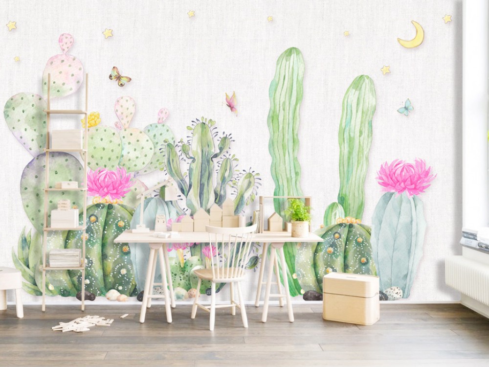 Suluboya Kaktüs Bahçesi ve Pembe Çiçekli Çocuk Odası Duvar Kağıdı