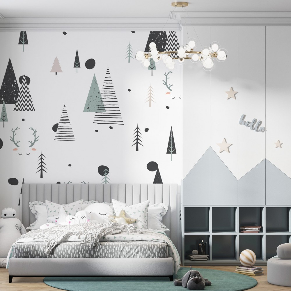 İskandinav Stil Geometrik Çam Ağaçları ve Minimalist Geyik Desenli Çocuk Odası Duvar Kağıdı