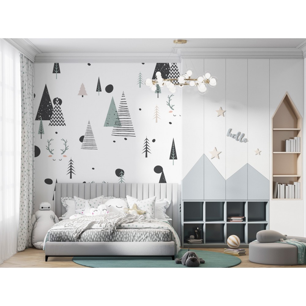 İskandinav Stil Geometrik Çam Ağaçları ve Minimalist Geyik Desenli Çocuk Odası Duvar Kağıdı
