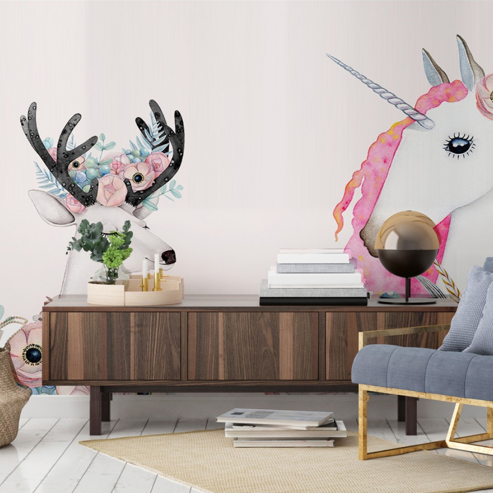 Sevimli Unicorn ve Geyik Figürlü Çiçek Taçlı Bebek Odası Duvar Kağıdı