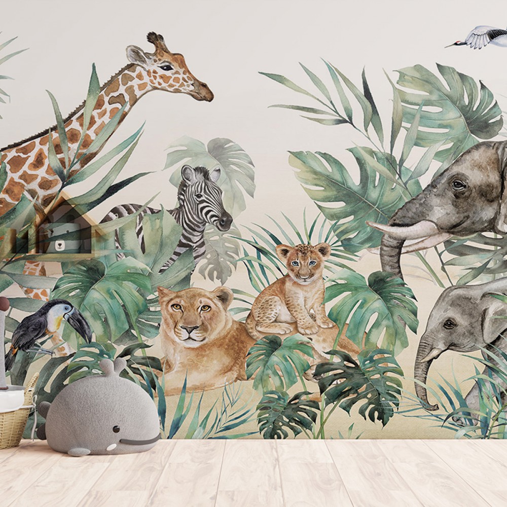 Suluboya Safari Hayvanları ve Egzotik Yaprak Temalı Çocuk Odası Duvar Kağıdı