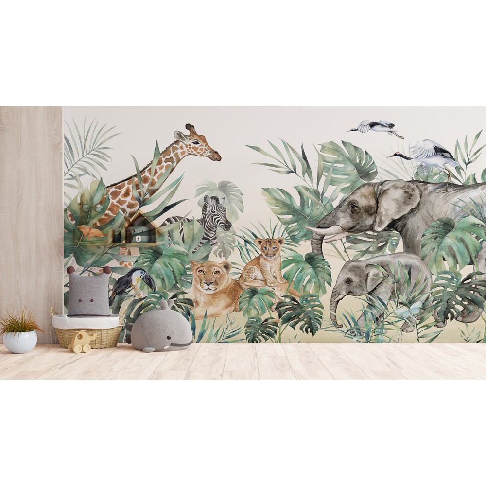 Suluboya Safari Hayvanları ve Egzotik Yaprak Temalı Çocuk Odası Duvar Kağıdı Suluboya Safari Hayvanları ve Egzotik Yaprak Temalı Çocuk Odası Duvar Kağıdı