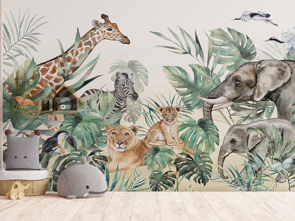 Suluboya Safari Hayvanları ve Egzotik Yaprak Temalı Çocuk Odası Duvar Kağıdı