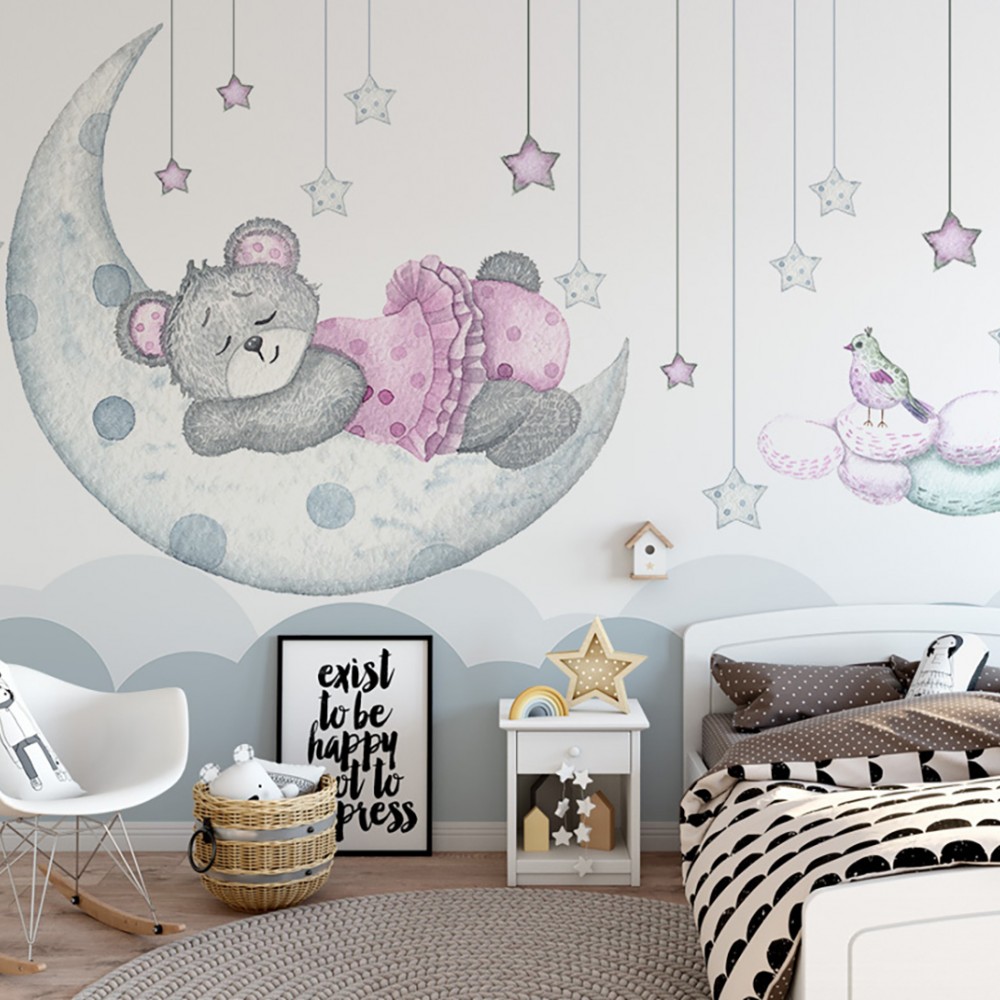 Ay Üzerinde Uyuyan Sevimli Ayıcık ve Yıldızlar Temalı Çocuk Odası Duvar Kağıdı