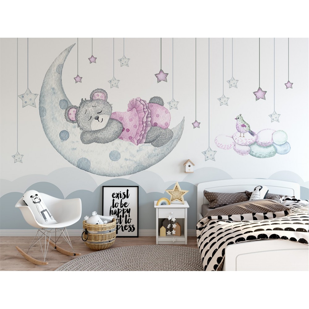 Ay Üzerinde Uyuyan Sevimli Ayıcık ve Yıldızlar Temalı Çocuk Odası Duvar Kağıdı