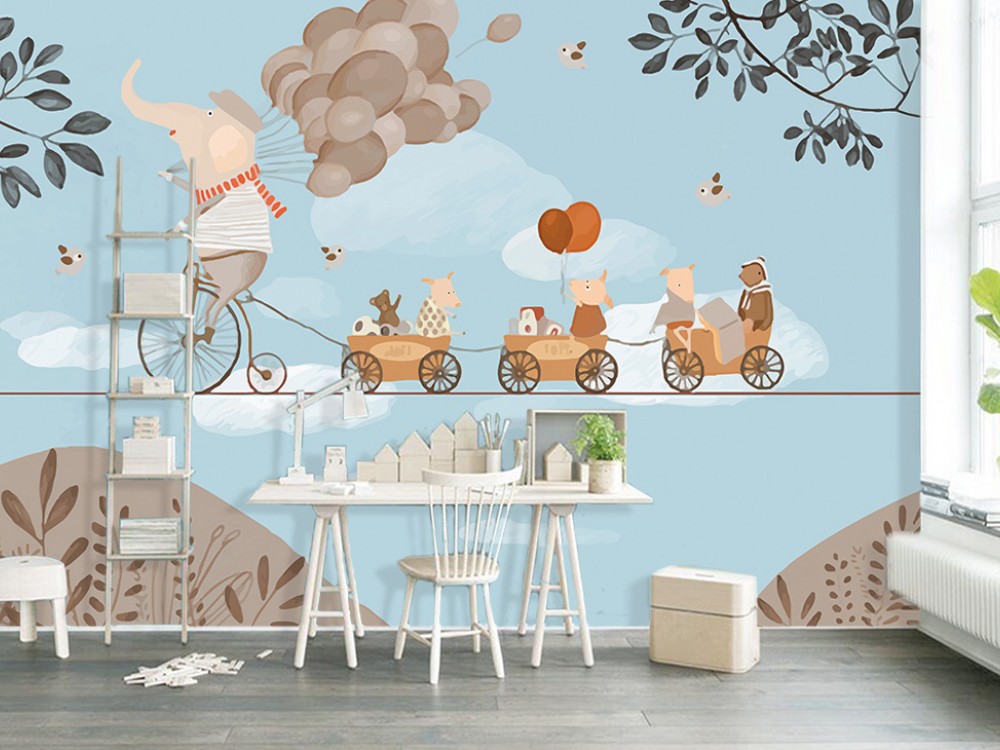 Bulutlar Üzerinde Tren Yolculuğu Temalı Mavi Çocuk Duvar Kağıdı