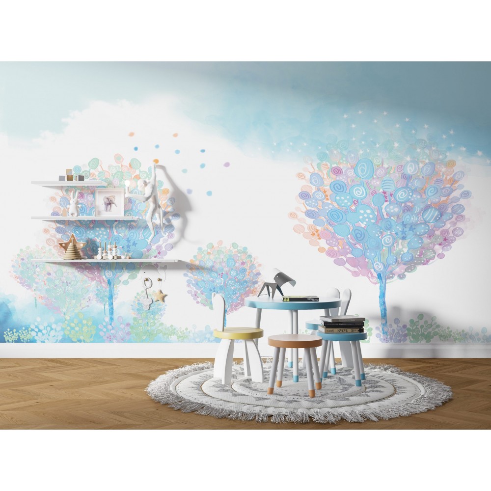 Masalsı Pastel Renkli Soyut Ağaçlar ve Gökyüzü Çocuk Odası Duvar Kağıdı