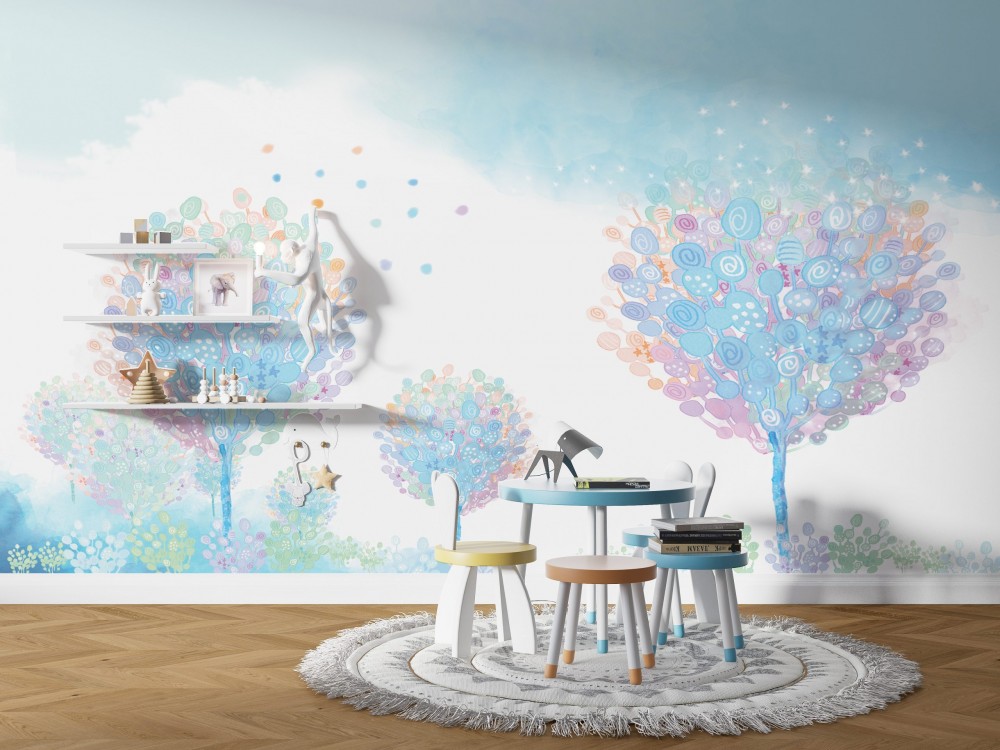 Masalsı Pastel Renkli Soyut Ağaçlar ve Gökyüzü Çocuk Odası Duvar Kağıdı