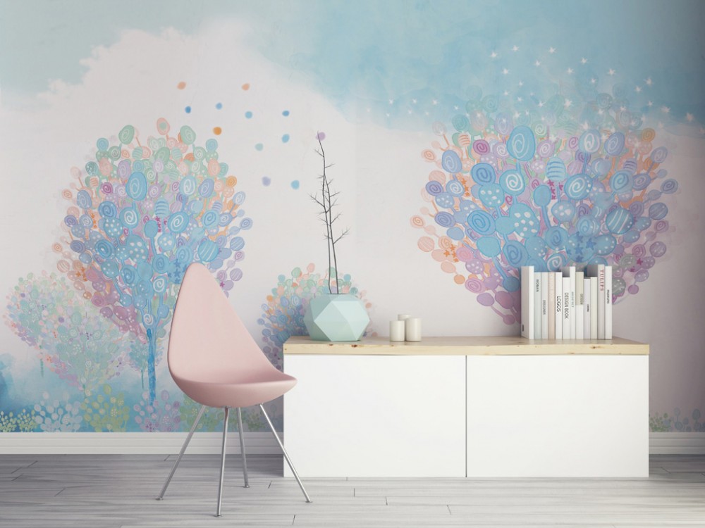 Masalsı Pastel Renkli Soyut Ağaçlar ve Gökyüzü Çocuk Odası Duvar Kağıdı