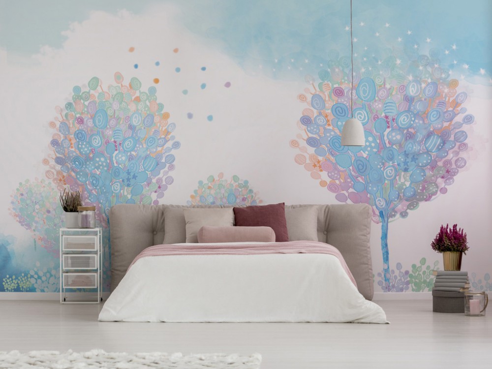 Masalsı Pastel Renkli Soyut Ağaçlar ve Gökyüzü Çocuk Odası Duvar Kağıdı