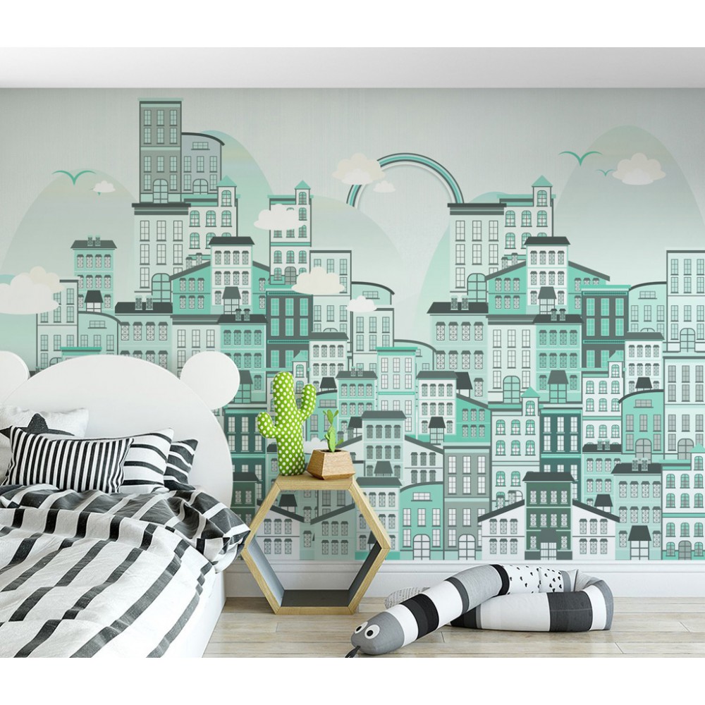 Geometrik Şehir Silüeti ve Mint Yeşili Çocuk Odası Duvar Kağıdı