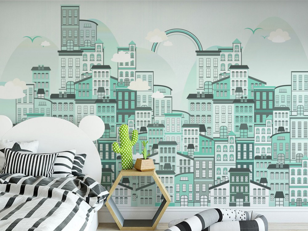 Geometrik Şehir Silüeti ve Mint Yeşili Çocuk Odası Duvar Kağıdı