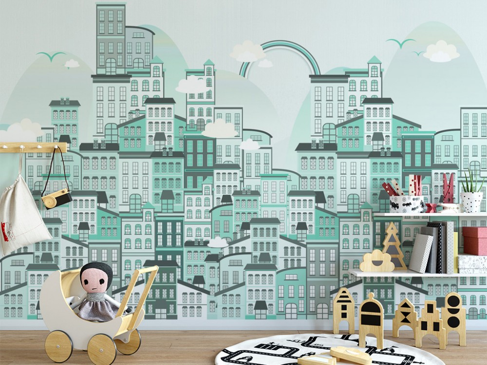 Geometrik Şehir Silüeti ve Mint Yeşili Çocuk Odası Duvar Kağıdı