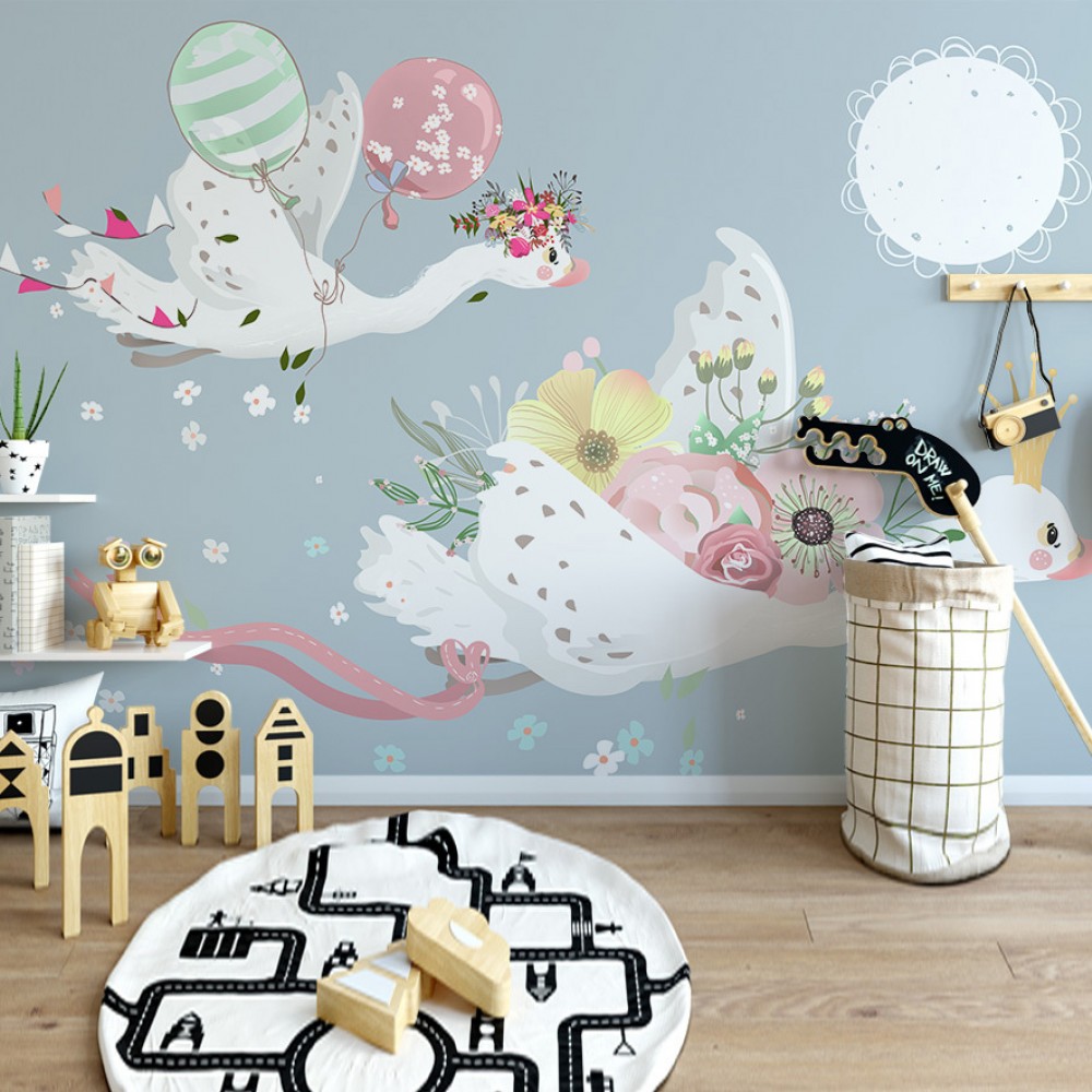 Masalsı Uçan Kuğular ve Bahar Çiçekleri Temalı Çocuk Odası Duvar Kağıdı