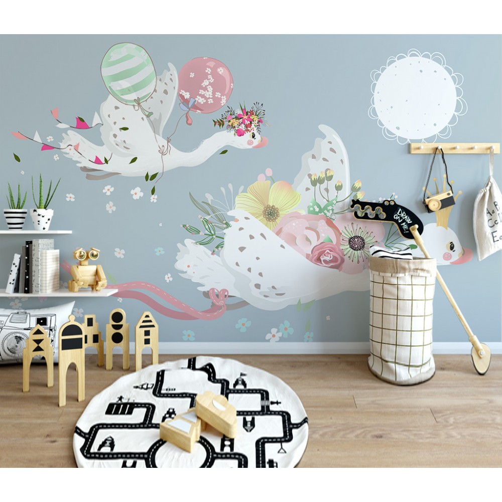 Masalsı Uçan Kuğular ve Bahar Çiçekleri Temalı Çocuk Odası Duvar Kağıdı