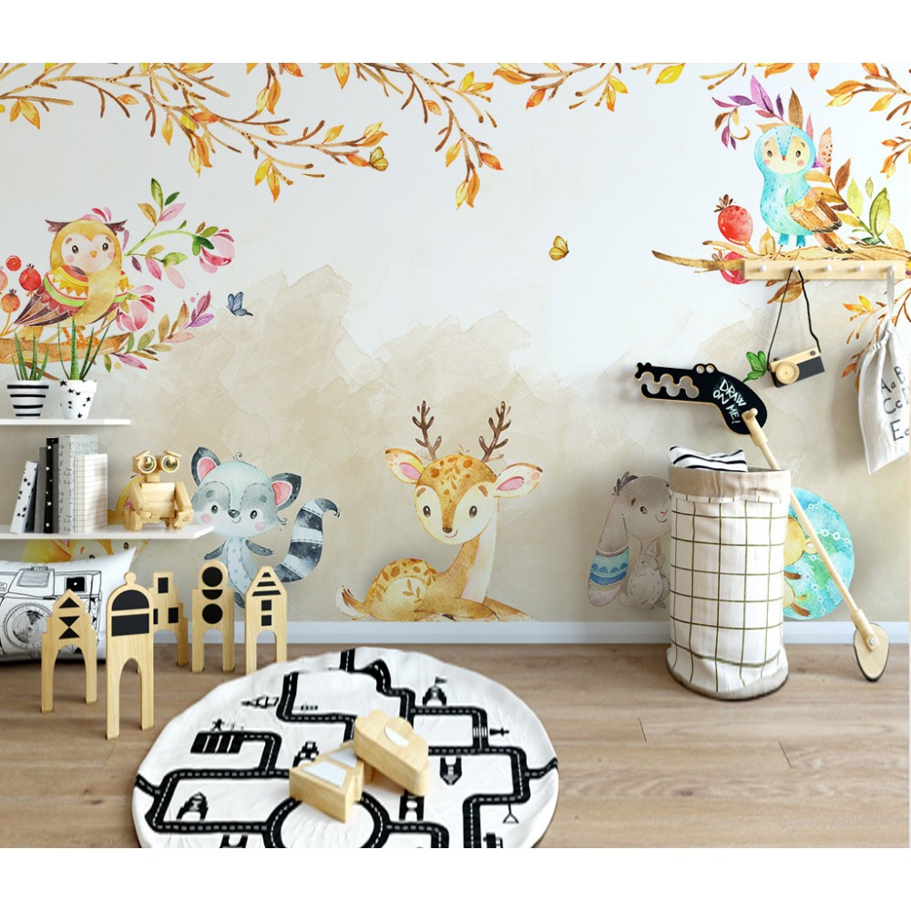Sevimli Orman Hayvanları ve Sonbahar Dalları Çocuk Odası Duvar Kağıdı