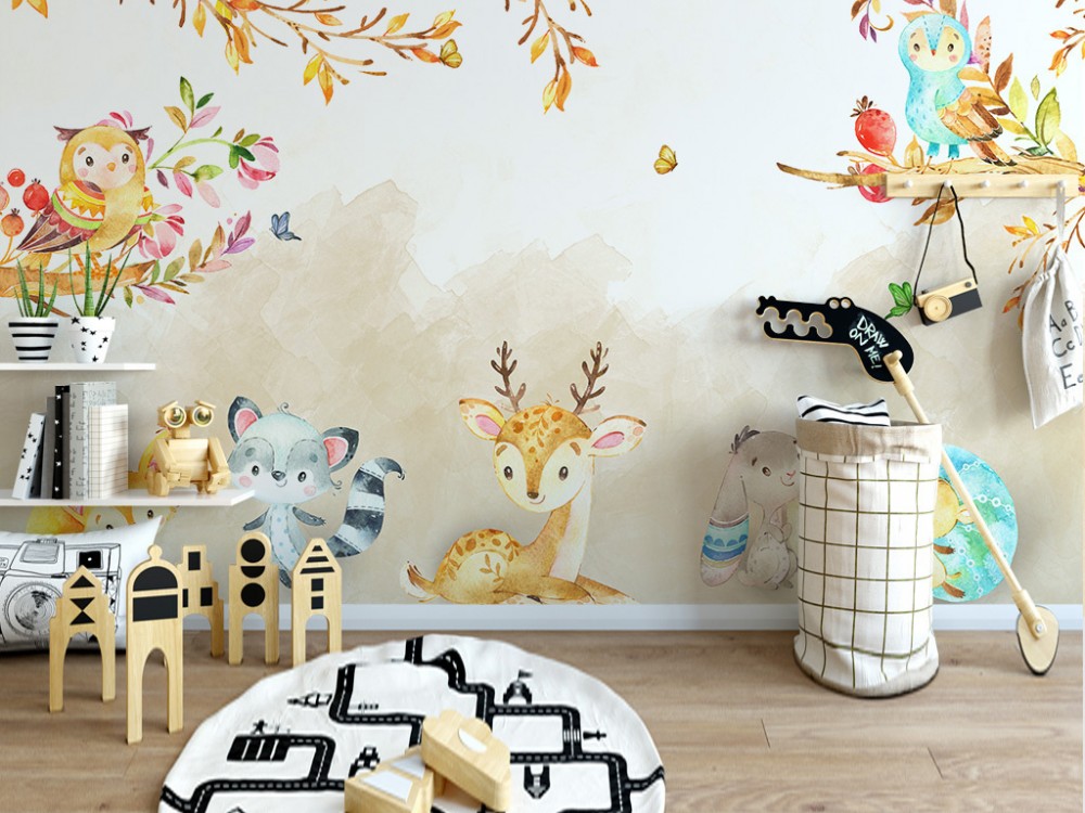 Sevimli Orman Hayvanları ve Sonbahar Dalları Çocuk Odası Duvar Kağıdı