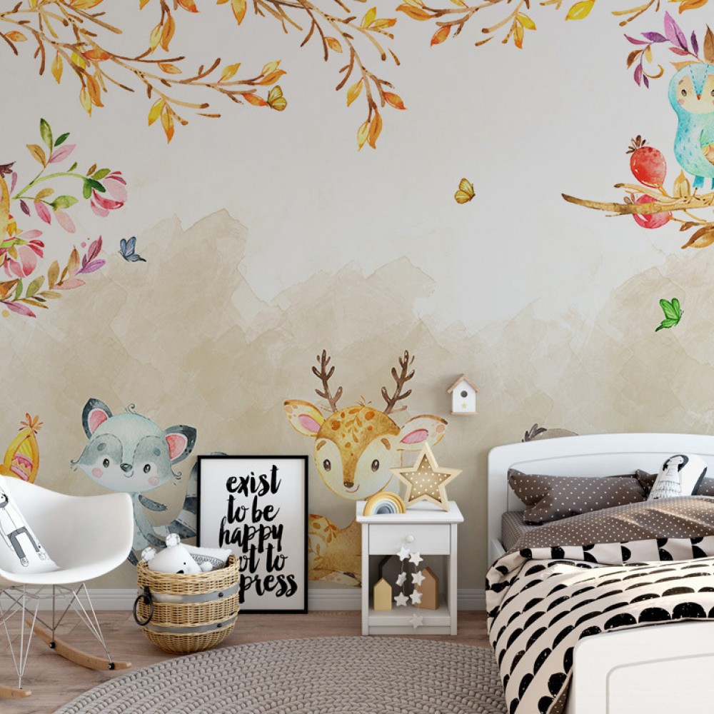 Sevimli Orman Hayvanları ve Sonbahar Dalları Çocuk Odası Duvar Kağıdı