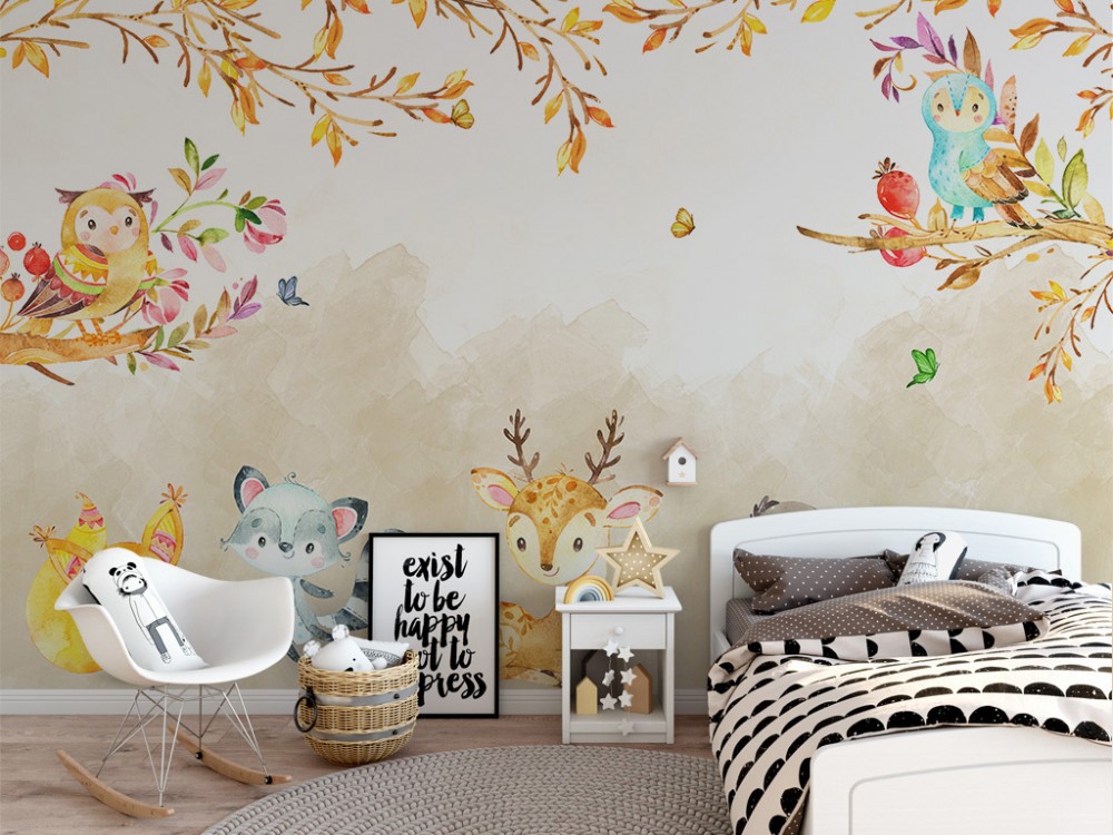 Sevimli Orman Hayvanları ve Sonbahar Dalları Çocuk Odası Duvar Kağıdı