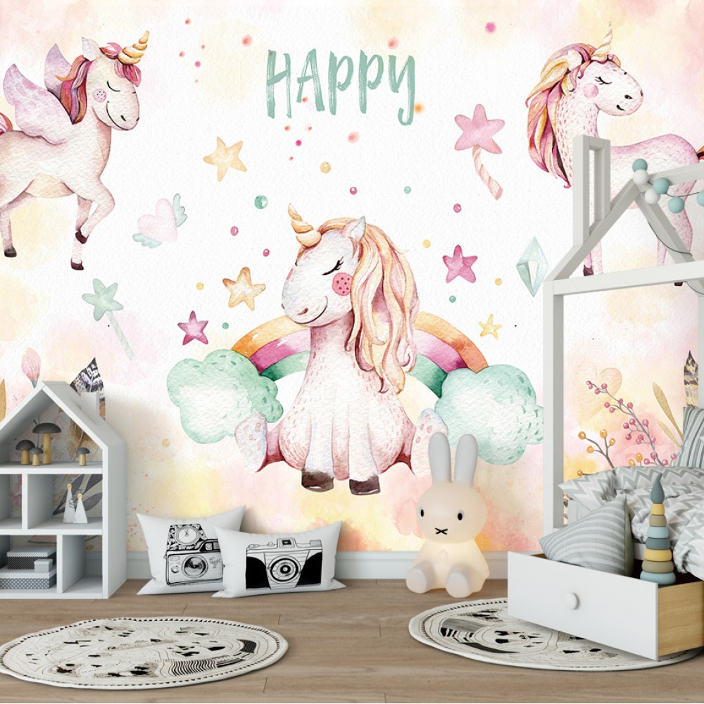 Gökkuşağı Üzerinde Mutlu Kanatlı Unicorn ve Yıldız Desenli Çocuk Odası Duvar Kağıdı