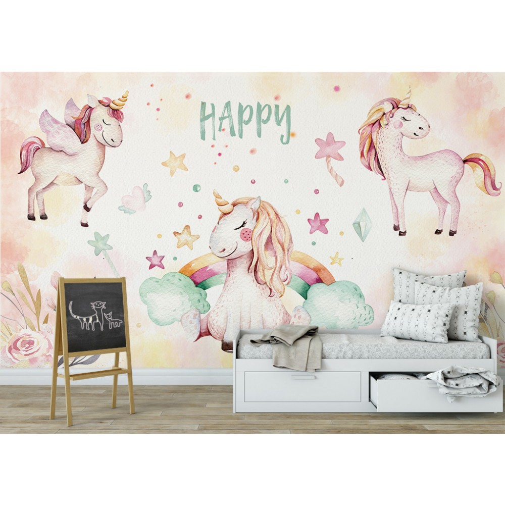 Gökkuşağı Üzerinde Mutlu Kanatlı Unicorn ve Yıldız Desenli Çocuk Odası Duvar Kağıdı