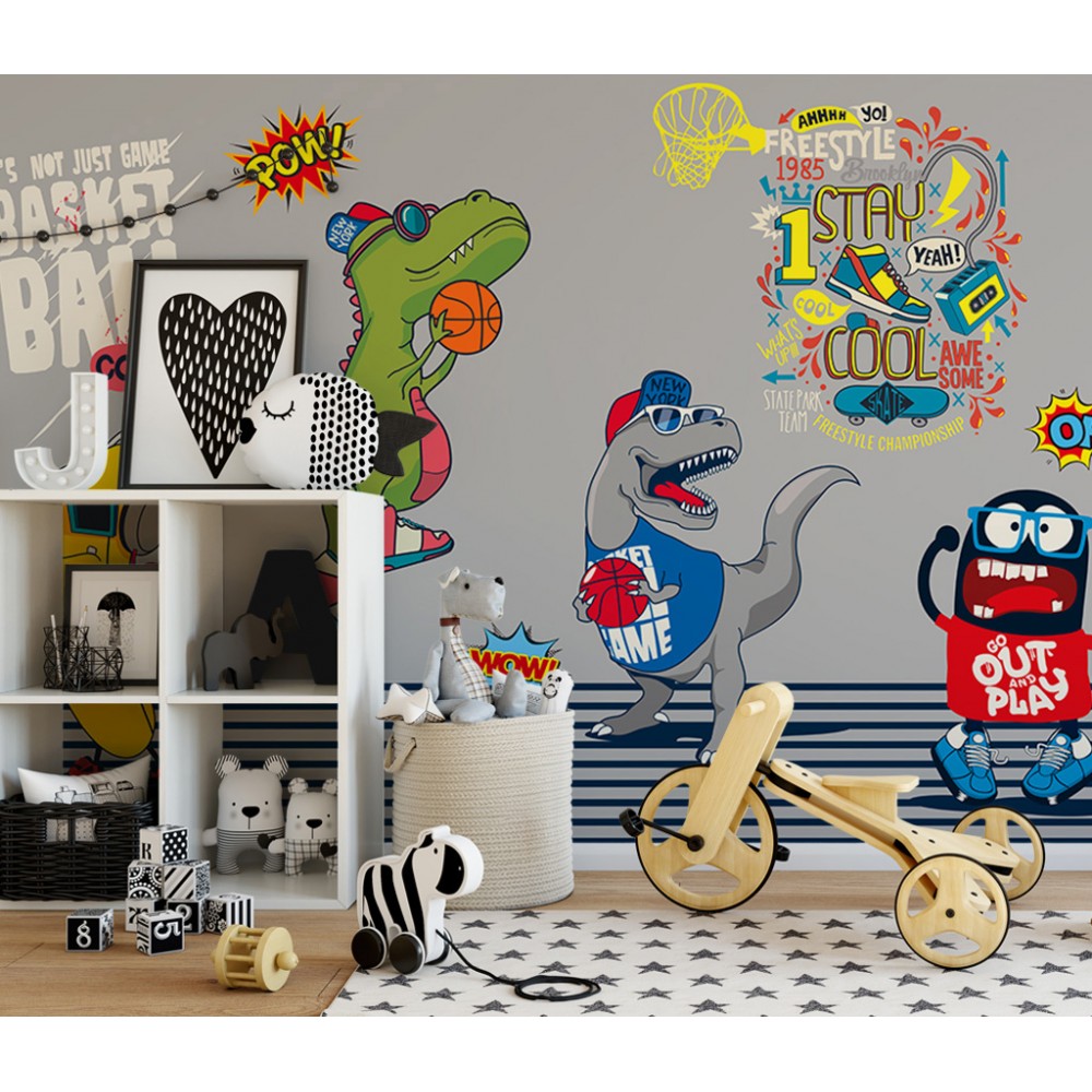 Graffiti Serisi: Basketbolcu Dinozorlar ve Pop-Art Temalı Çocuk Odası Duvar Kağıdı