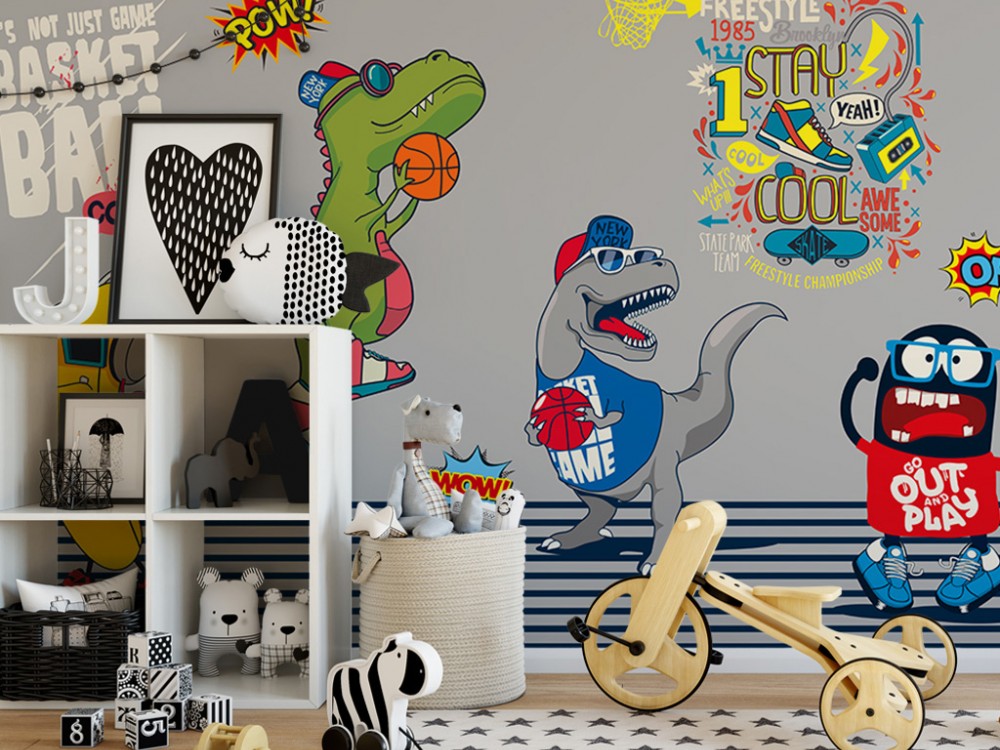 Graffiti Serisi: Basketbolcu Dinozorlar ve Pop-Art Temalı Çocuk Odası Duvar Kağıdı